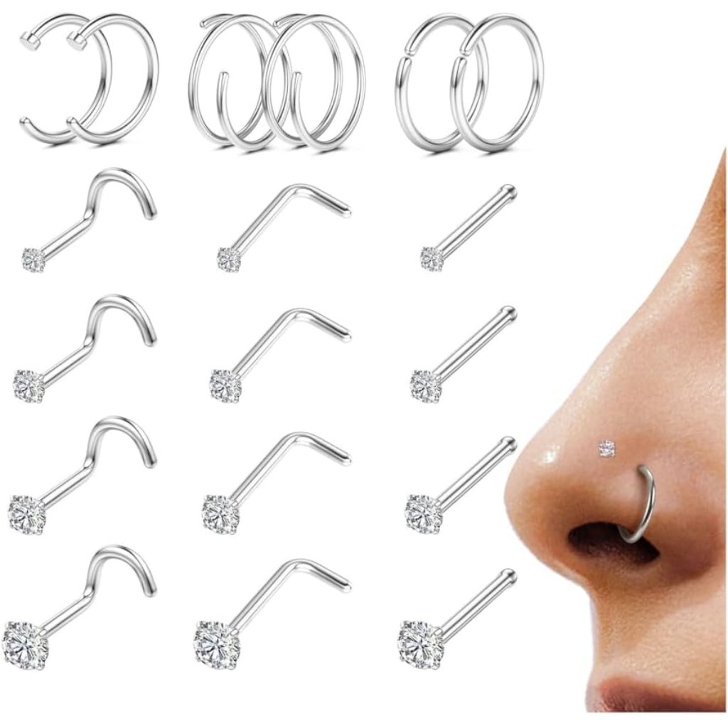 18pcs Nose Rings Studs  316l Surgical Steel 14k Gold Plated Nose Studs Double H